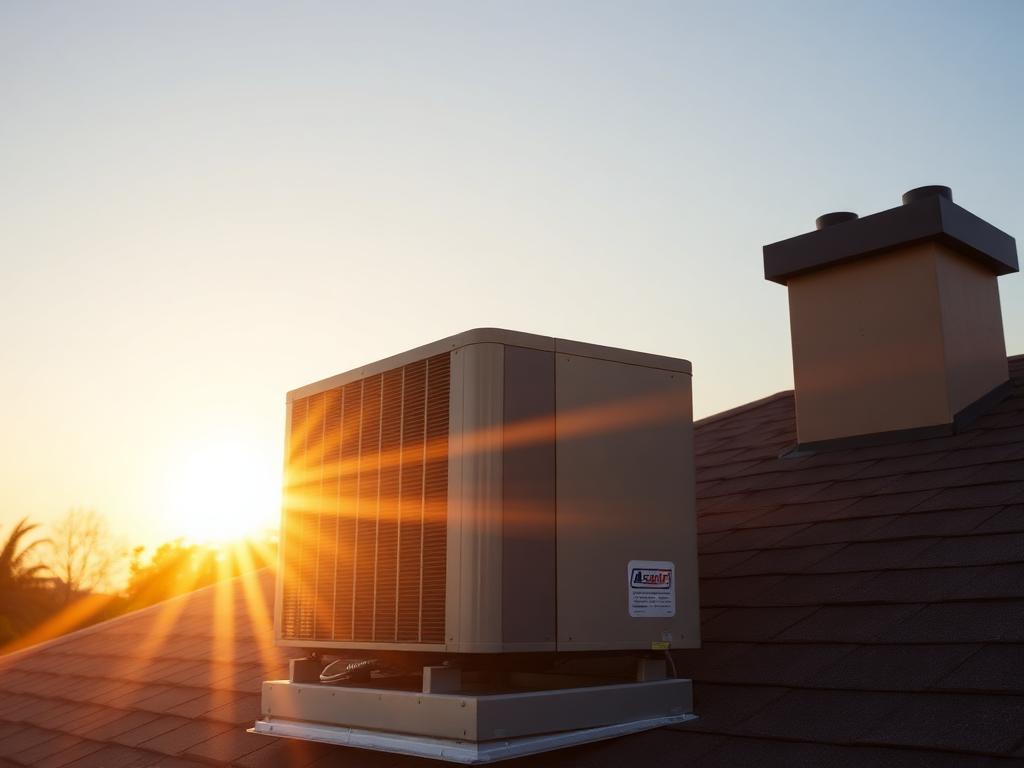 Residential rooftop air conditioning unit in golden-hour light