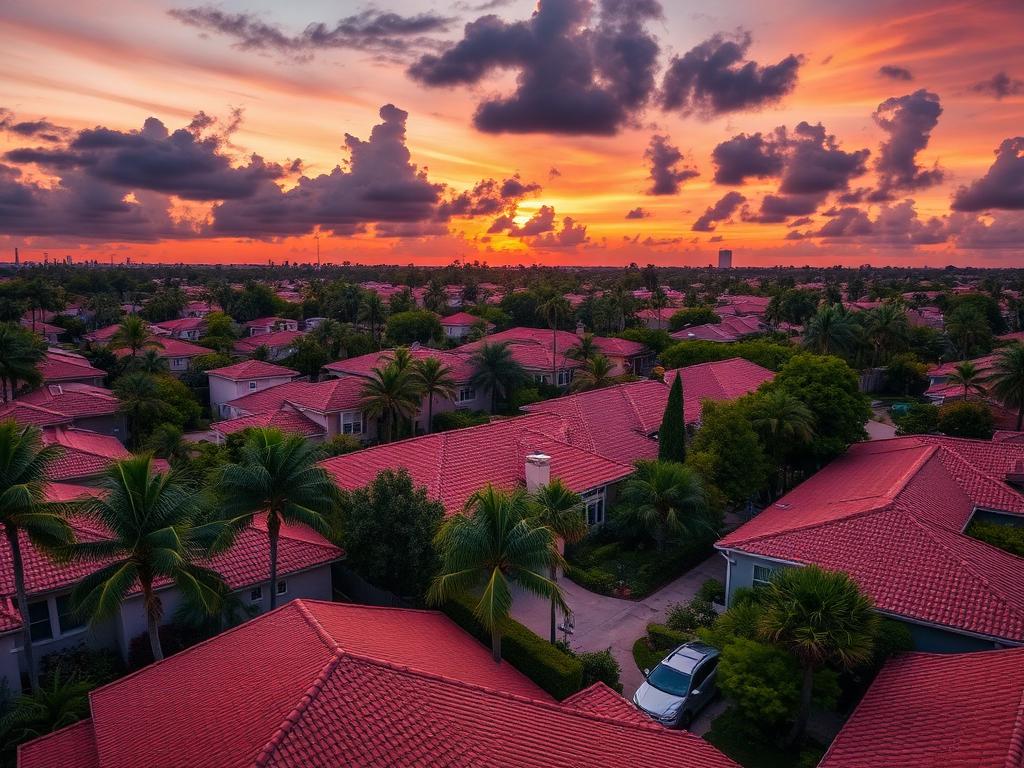 Aerial view of a South Florida residential neighborhood at dusk